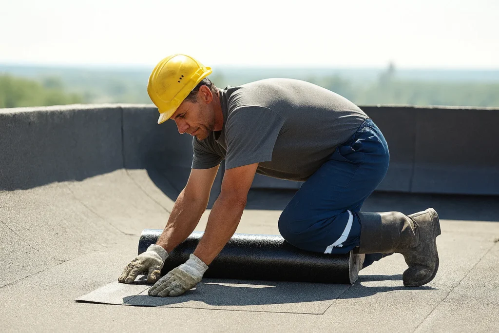 Equipo de Central Roofing en edificio comercial grande en South San Francisco