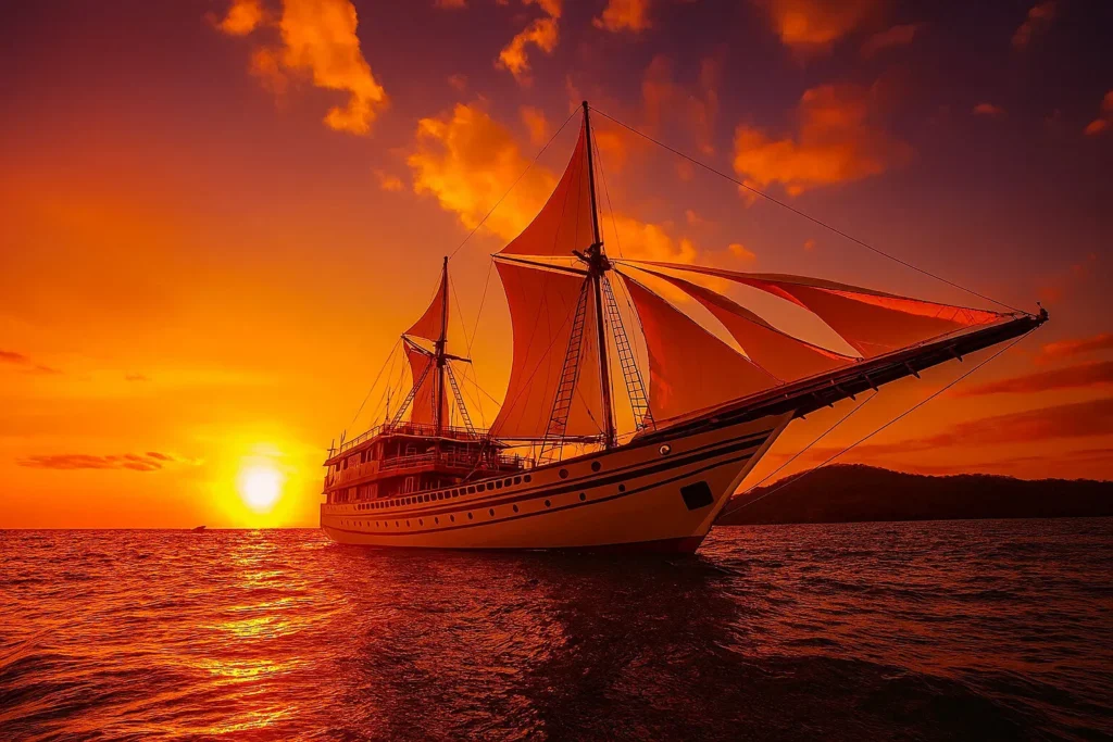 Traditional Indonesian pinisi sailing vessel anchored above coral reef